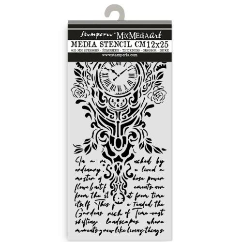 Stamperia Gardens of Time Thick Stencil 12x25cm Clock and Writing by Antonis Tzanidakis (KSTDL157)