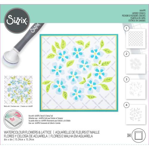 Sizzix Layered Stencils By Eileen Hull 4/Pkg Watercolor Flowers & Lattice - 666690
