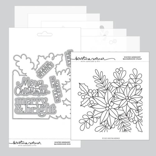 Concord & 9th - Winter Greenery Background Stamp (6 x 6), Stencil Pack (5 qty; 6 x 6) and Die Bundle - Postage as per Actual