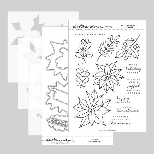 Concord & 9th - Winter Greenery Stamp Set (6 x 8), Stencil Pack (3 qty; 6 x 6) and Die Bundle - Postage as per Actual