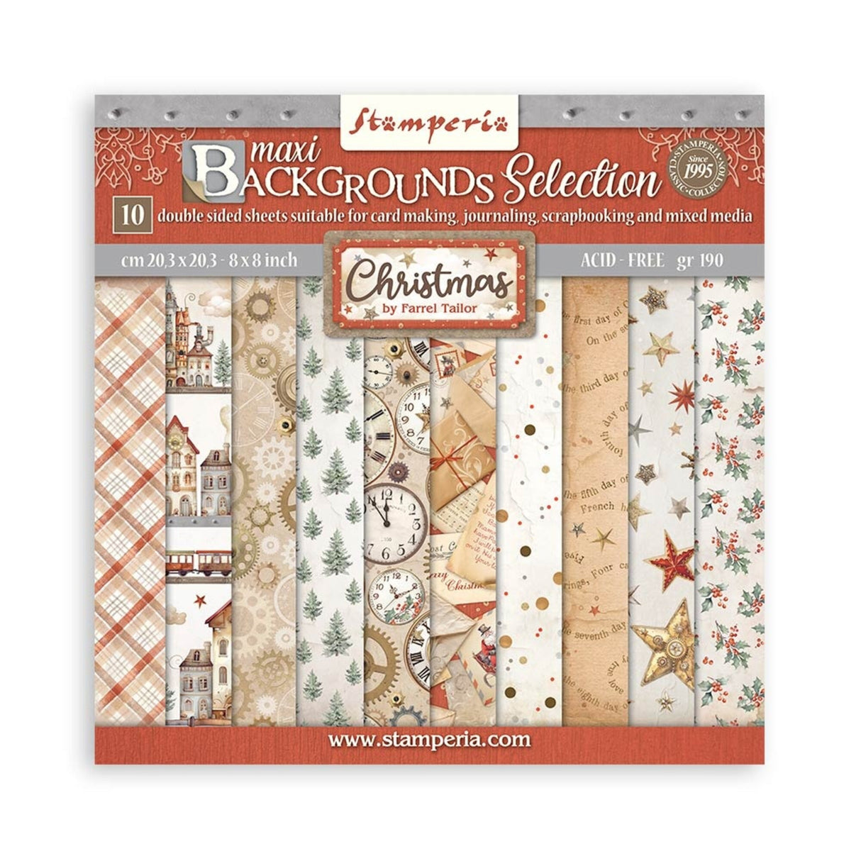 Stamperia Gear up for Christmas 8x8 Inch Paper Pack Maxi Backgrounds Selection (SBBS111)