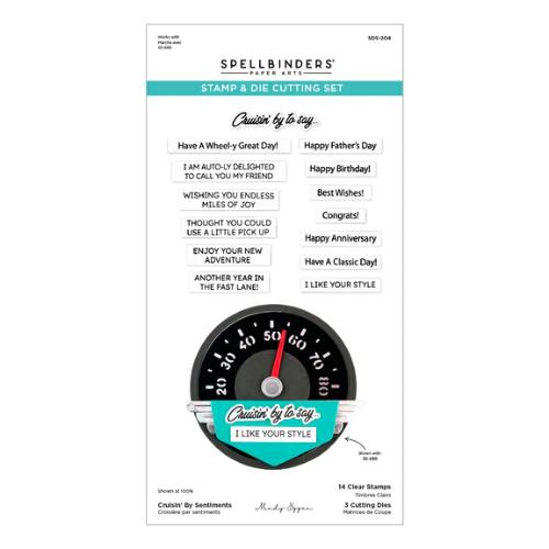 Spellbinders - Cruisin' By Sentiments Clear Stamp & Die Set from the Classic Road Legends Collection by Mindy Eggen
