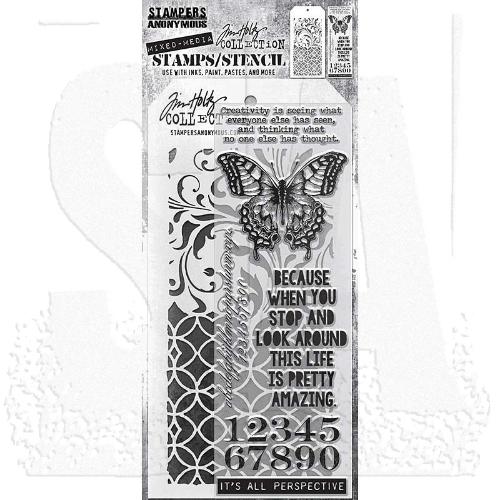 Tim Holtz Mixed-Media Stamps & Stencil Set: Perspective, Flourish and Latticework THMM115