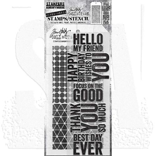 Tim Holtz Mixed-Media Stamps & Stencil Set: Bold Sayings, Grid Dot and Diamonds THMM140