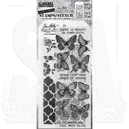 Tim Holtz Mixed-Media Stamps & Stencil Set: Flutter, Floral and Trellis THMM144