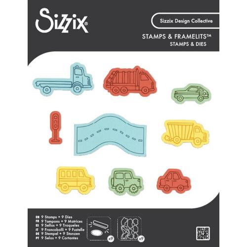 Sizzix Kid Create Clear Stamps Set w/Framelits Die Cars and Trucks (667151)