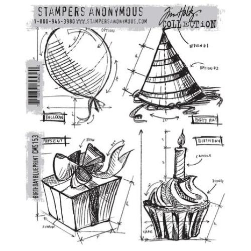 Stampers Anonymous Birthday Blueprint Tim Holtz Cling Stamps (CMS153)