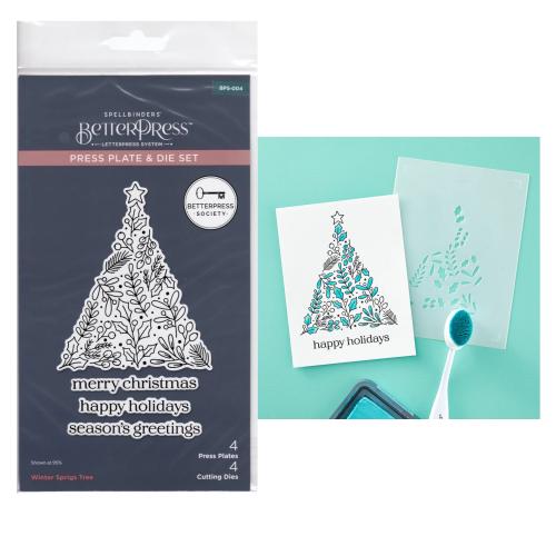 Spellbinders - Winter Sprigs Tree Press Plates & Dies Set with Add-on Stencil - BetterPress Society July 2024