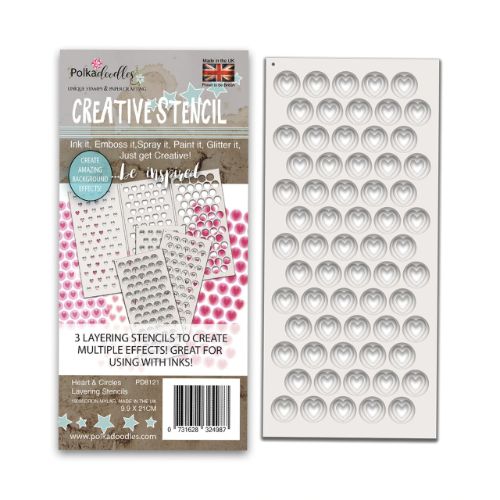 Polkadoodles - Hearts & Circles - 3 Layering Stencils Pack 4 X 8"