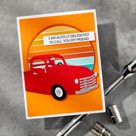 Spellbinders - Cruisin' By Sentiments Clear Stamp & Die Set from the Classic Road Legends Collection by Mindy Eggen
