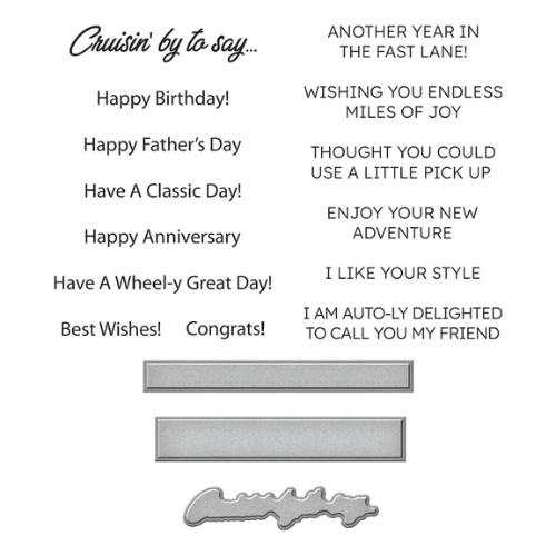 Spellbinders - Cruisin' By Sentiments Clear Stamp & Die Set from the Classic Road Legends Collection by Mindy Eggen