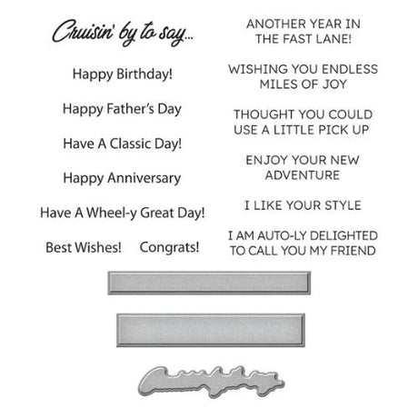 Spellbinders - Cruisin' By Sentiments Clear Stamp & Die Set from the Classic Road Legends Collection by Mindy Eggen