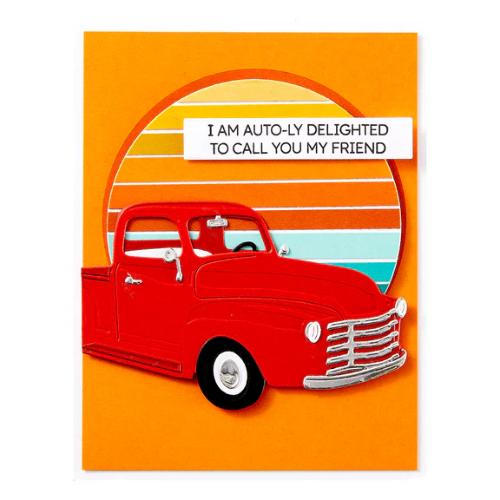 Spellbinders - Cruisin' By Sentiments Clear Stamp & Die Set from the Classic Road Legends Collection by Mindy Eggen