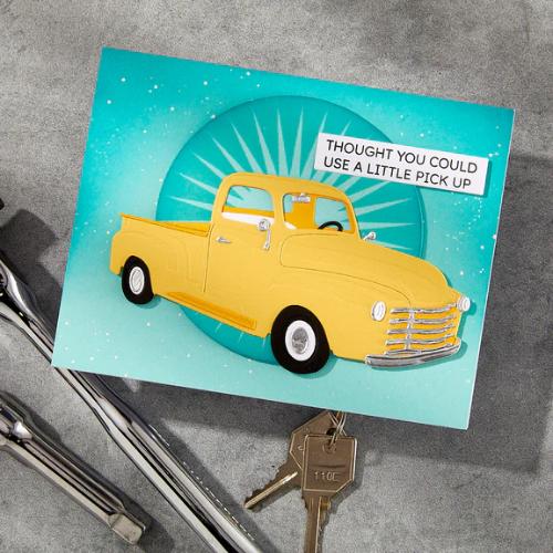 Spellbinders - Cruisin' By Sentiments Clear Stamp & Die Set from the Classic Road Legends Collection by Mindy Eggen