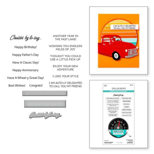 Spellbinders - Cruisin' By Sentiments Clear Stamp & Die Set from the Classic Road Legends Collection by Mindy Eggen