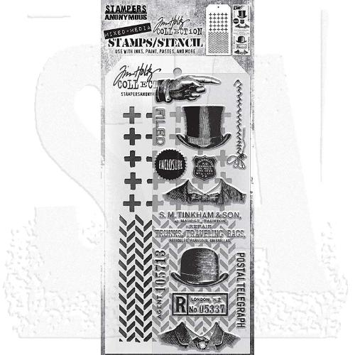 Tim Holtz Mixed-Media Stamps & Stencil Set: Distinguished, Plus and Herringbone THMM116