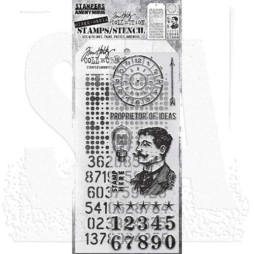 Tim Holtz Mixed-Media Stamps & Stencil Set: Noble Gent, Halftone and Digits THMM118