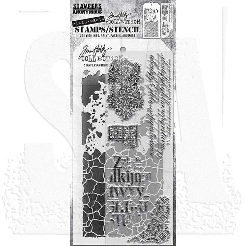 Tim Holtz Mixed-Media Stamps & Stencil Set: Fragments, Grime and Crackle THMM123