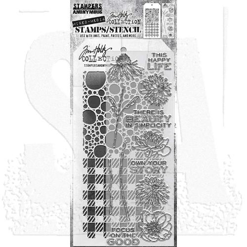 Tim Holtz Mixed-Media Stamps & Stencil Set: Flower Garden, Bubbles and Gingham THMM124