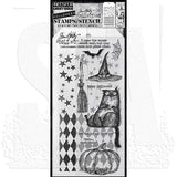 Tim Holtz Mixed-Media Stamps & Stencil Set: Snarky Cat Hallowen, Falling Stars and Harlequin THMM125