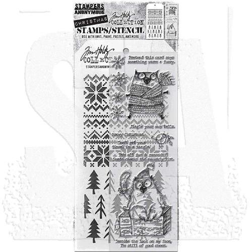 Tim Holtz Mixed-Media Stamps & Stencil Set: Snarky Cat Christmas, Holiday Knit and Pines THMM134