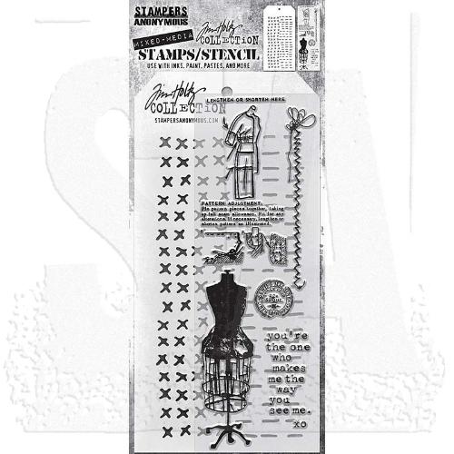 Tim Holtz Mixed-Media Stamps & Stencil Set: Haberdashery, Stitched and Dashes THMM142