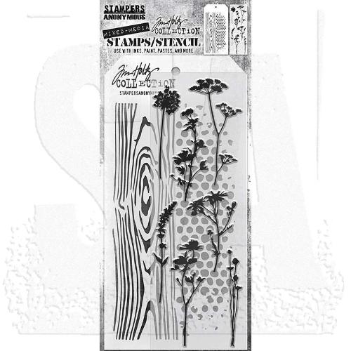 Tim Holtz Mixed-Media Stamps & Stencil Set: Wildflower Silhouettes, Woodgrain, and Dot Fade THMM159