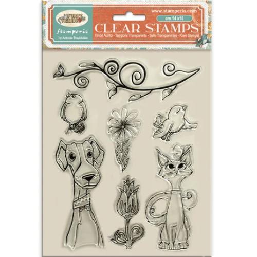 Stamperia Furry Friends Clear Stamp Dog, Cat and Flowers (WTK228)